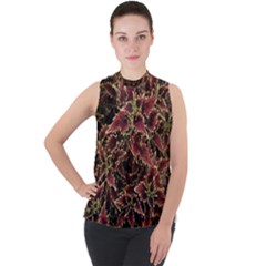 Plant Colorful Red Garden Leaves Mock Neck Chiffon Sleeveless Top by Simbadda