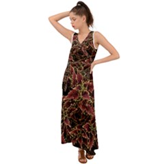 Plant Colorful Red Garden Leaves V-neck Chiffon Maxi Dress