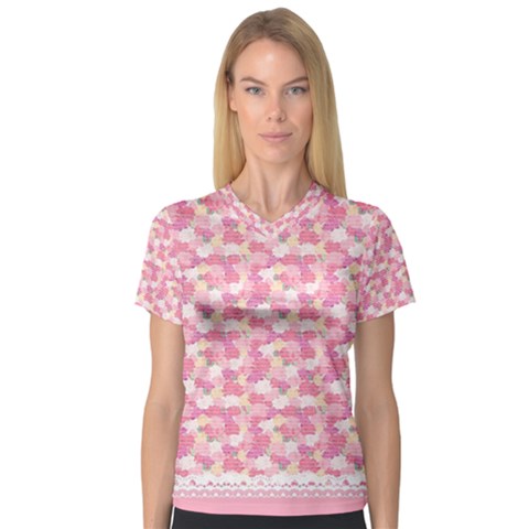 Peony Pattern Pink Scrapbookin V-neck Sport Mesh Tee by Simbadda