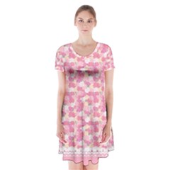 Peony Pattern Pink Scrapbookin Short Sleeve V-neck Flare Dress by Simbadda