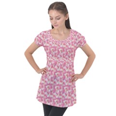 Peony Pattern Pink Scrapbookin Puff Sleeve Tunic Top