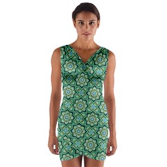 Green Abstract Geometry Pattern Wrap Front Bodycon Dress