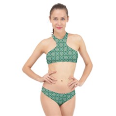 Green Abstract Geometry Pattern High Neck Bikini Set by Simbadda