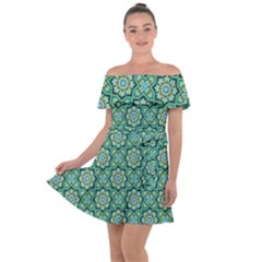 Green Abstract Geometry Pattern Off Shoulder Velour Dress by Simbadda