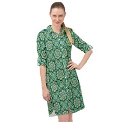 Green Abstract Geometry Pattern Long Sleeve Mini Shirt Dress by Simbadda