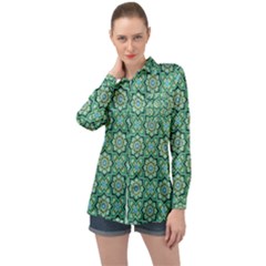 Green Abstract Geometry Pattern Long Sleeve Satin Shirt