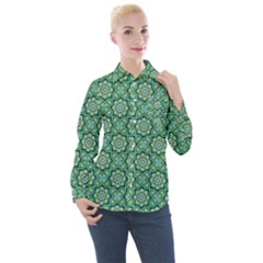 Green Abstract Geometry Pattern Women s Long Sleeve Pocket Shirt