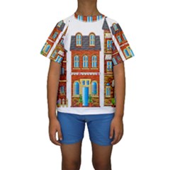 City Buildings Brick Architecture Kids  Short Sleeve Swimwear by Simbadda