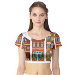 City Buildings Brick Architecture Short Sleeve Crop Top by Simbadda