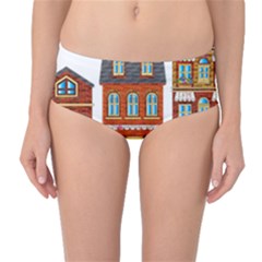 City Buildings Brick Architecture Mid-waist Bikini Bottoms by Simbadda