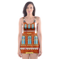 City Buildings Brick Architecture Skater Dress Swimsuit by Simbadda