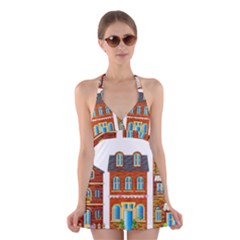 City Buildings Brick Architecture Halter Dress Swimsuit  by Simbadda