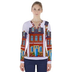 City Buildings Brick Architecture V-neck Long Sleeve Top by Simbadda