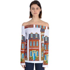 City Buildings Brick Architecture Off Shoulder Long Sleeve Top by Simbadda