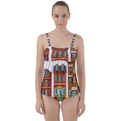 City Buildings Brick Architecture Twist Front Tankini Set by Simbadda