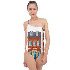 City Buildings Brick Architecture Classic One Shoulder Swimsuit by Simbadda