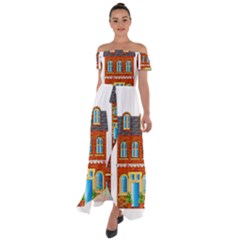 City Buildings Brick Architecture Off Shoulder Open Front Chiffon Dress