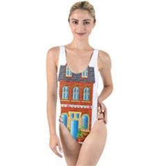 City Buildings Brick Architecture High Leg Strappy Swimsuit by Simbadda