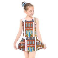 City Buildings Brick Architecture Kids  Skater Dress Swimsuit by Simbadda