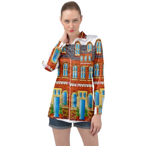 City Buildings Brick Architecture Long Sleeve Satin Shirt by Simbadda