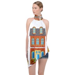 City Buildings Brick Architecture Halter Asymmetric Satin Top by Simbadda