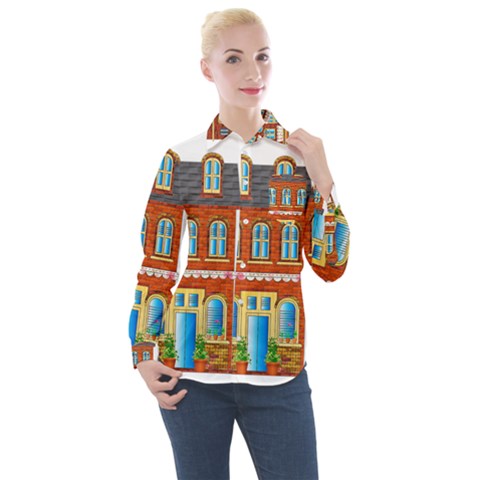 City Buildings Brick Architecture Women s Long Sleeve Pocket Shirt by Simbadda