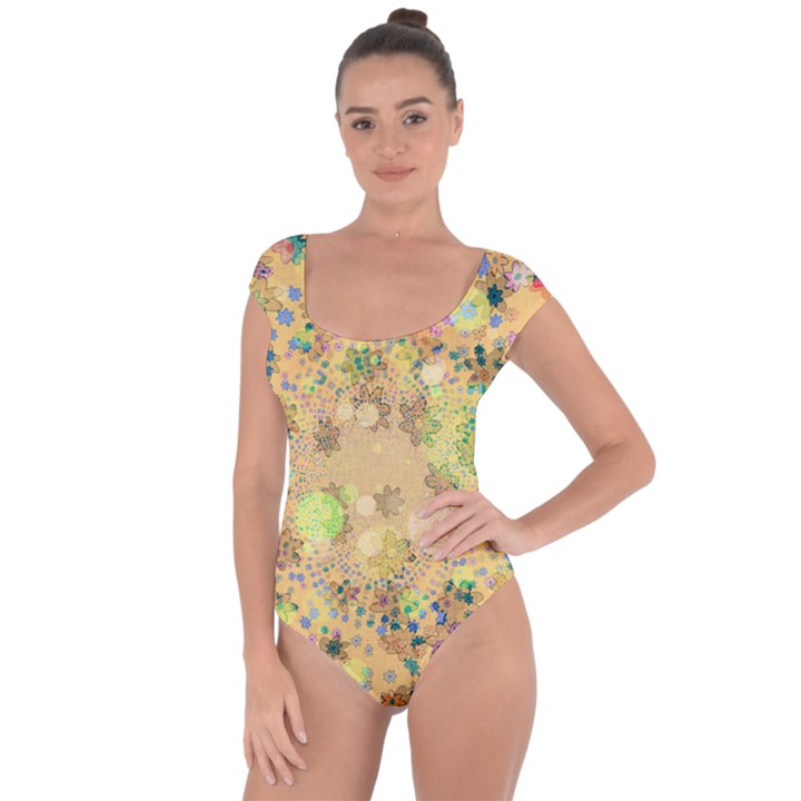 Flowers Color Colorful Watercolour Short Sleeve Leotard 