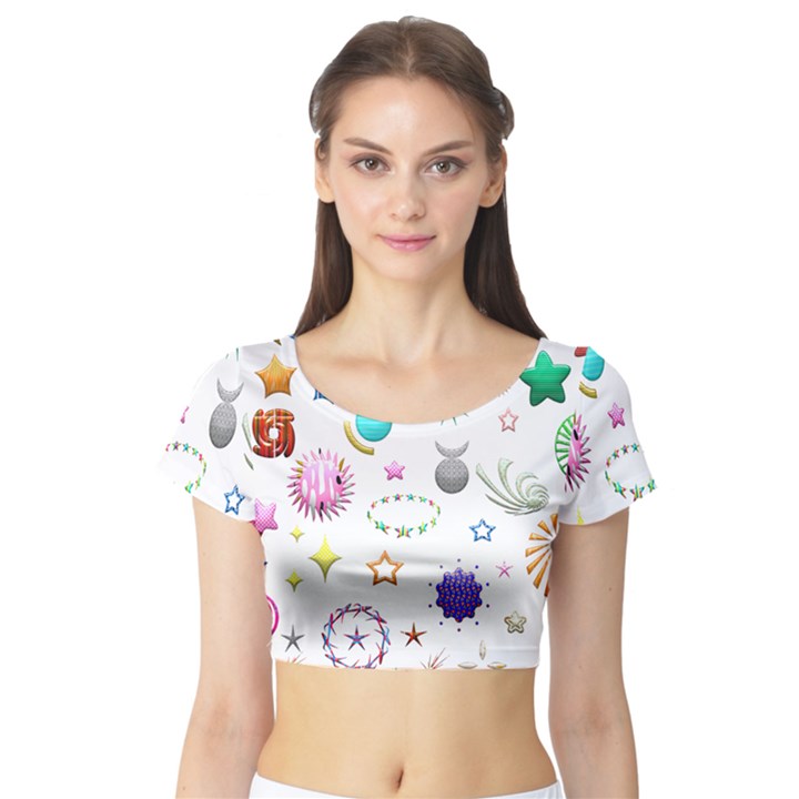 Shapes Stars Moon Sun Pattern Short Sleeve Crop Top