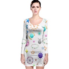 Shapes Stars Moon Sun Pattern Long Sleeve Bodycon Dress by Simbadda