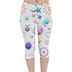 Shapes Stars Moon Sun Pattern Velvet Capri Leggings  by Simbadda