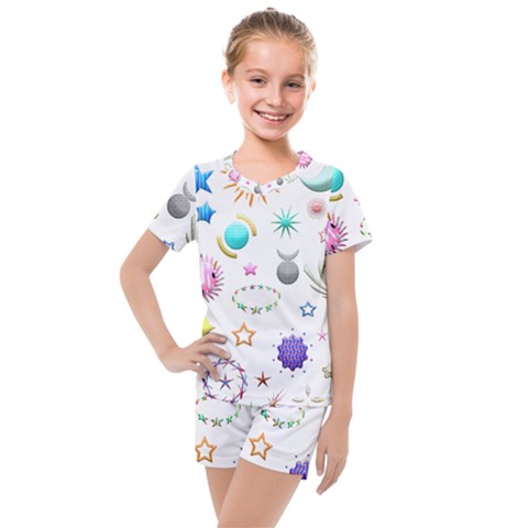 Shapes Stars Moon Sun Pattern Kids  Mesh Tee And Shorts Set by Simbadda