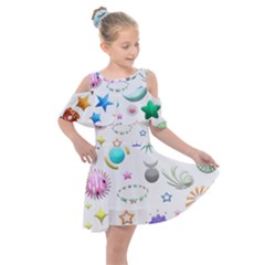 Shapes Stars Moon Sun Pattern Kids  Shoulder Cutout Chiffon Dress by Simbadda