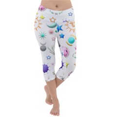 Shapes Stars Moon Sun Pattern Lightweight Velour Capri Yoga Leggings by Simbadda