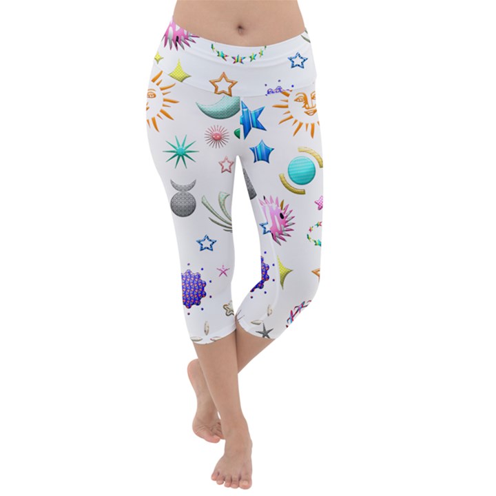 Shapes Stars Moon Sun Pattern Lightweight Velour Capri Yoga Leggings