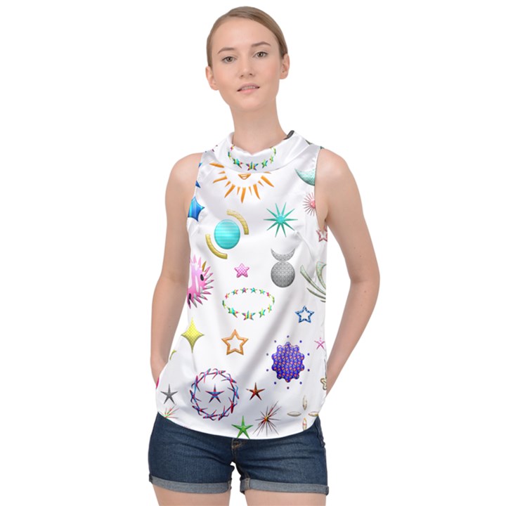 Shapes Stars Moon Sun Pattern High Neck Satin Top