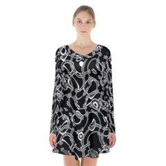 Unfinishedbusiness Black On White Long Sleeve Velvet V-neck Dress