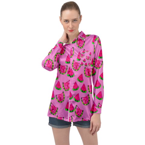 Watermelons Pattern Long Sleeve Satin Shirt by bloomingvinedesign