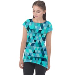 Teal Triangles Pattern Cap Sleeve High Low Top by LoolyElzayat