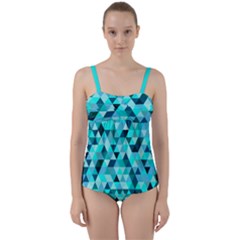 Teal Triangles Pattern Twist Front Tankini Set by LoolyElzayat