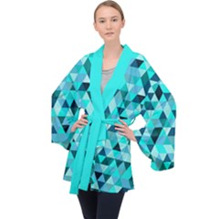 Teal Triangles Pattern Long Sleeve Velvet Kimono  by LoolyElzayat