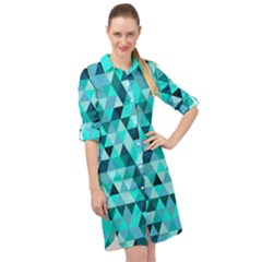 Teal Triangles Pattern Long Sleeve Mini Shirt Dress by LoolyElzayat