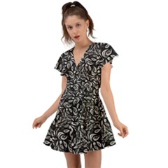 Fabric Pattern Flower Flutter Sleeve Wrap Dress