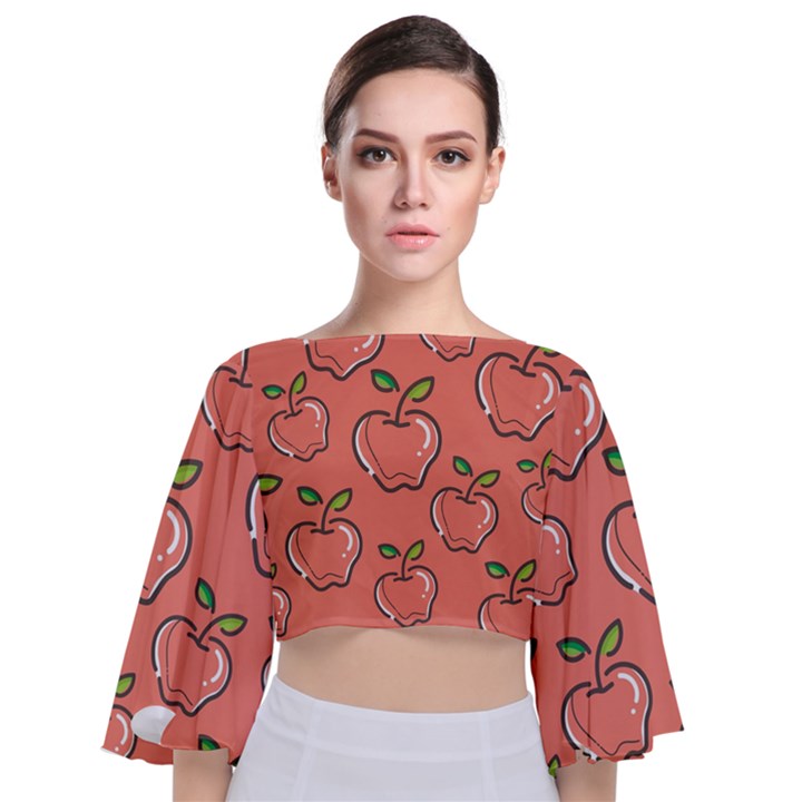 Fruit Apple Tie Back Butterfly Sleeve Chiffon Top