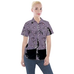 Wide Eyed Girl Grey Lilac Women s Short Sleeve Pocket Shirt