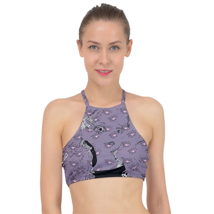 Wide Eyed Girl Grey Lilac Racer Front Bikini Top