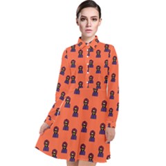 Nerdy 60s  Girl Pattern Orange Long Sleeve Chiffon Shirt Dress by snowwhitegirl