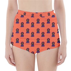 Nerdy 60s  Girl Pattern Orange High-waisted Bikini Bottoms by snowwhitegirl