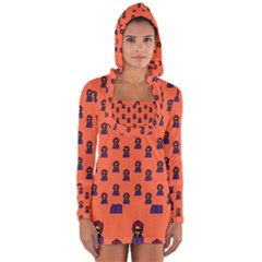 Nerdy 60s  Girl Pattern Orange Long Sleeve Hooded T-shirt by snowwhitegirl