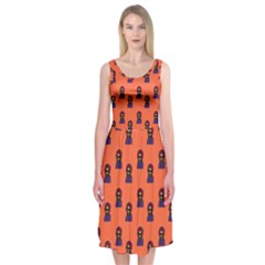 Nerdy 60s  Girl Pattern Orange Midi Sleeveless Dress by snowwhitegirl