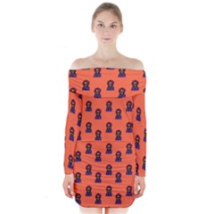 Nerdy 60s  Girl Pattern Orange Long Sleeve Off Shoulder Dress by snowwhitegirl